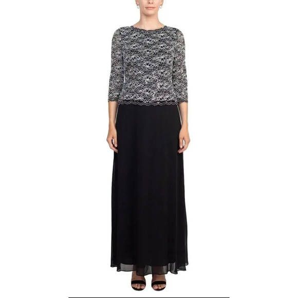 NWT Alex Evenings Black Long Sleeve Long Dress Beaded and Sequined Bodice‎ Sz 10 - Picture 1 of 7